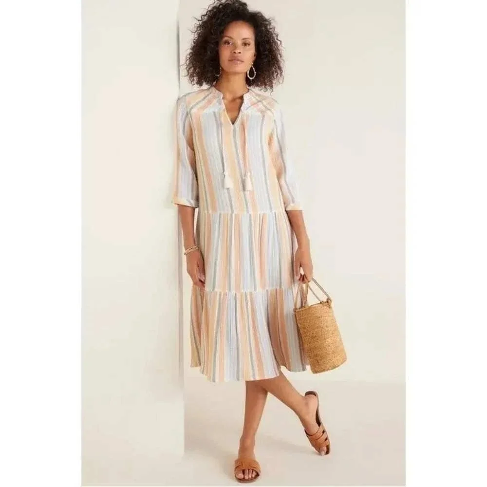 Soft Surroundings Midi Dress Medium Striped Cotton Gauze Multicolor Tiered